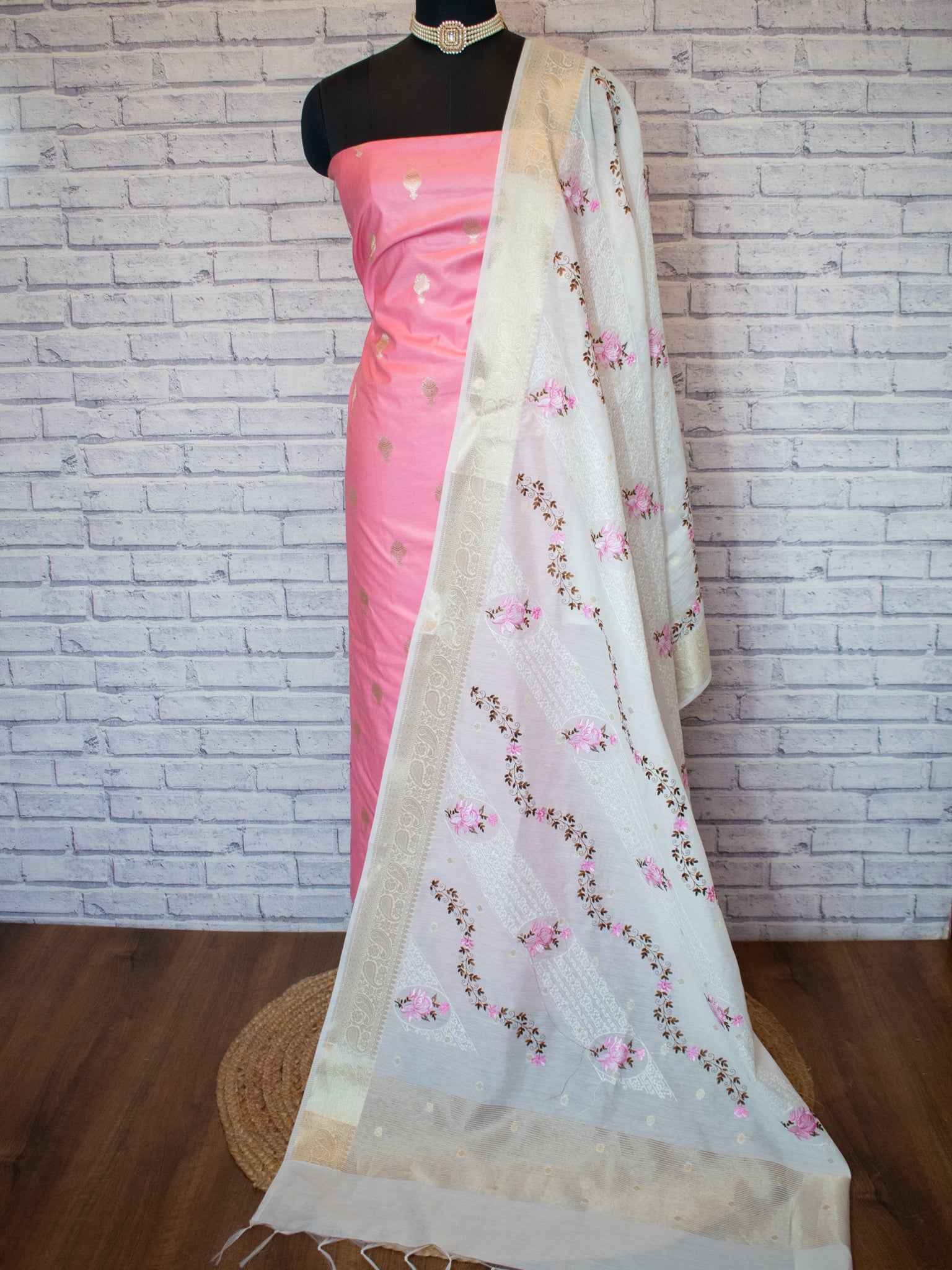 Banarasi Cotton Silk Salwar Kameez with Contrast Dupatta- Pink