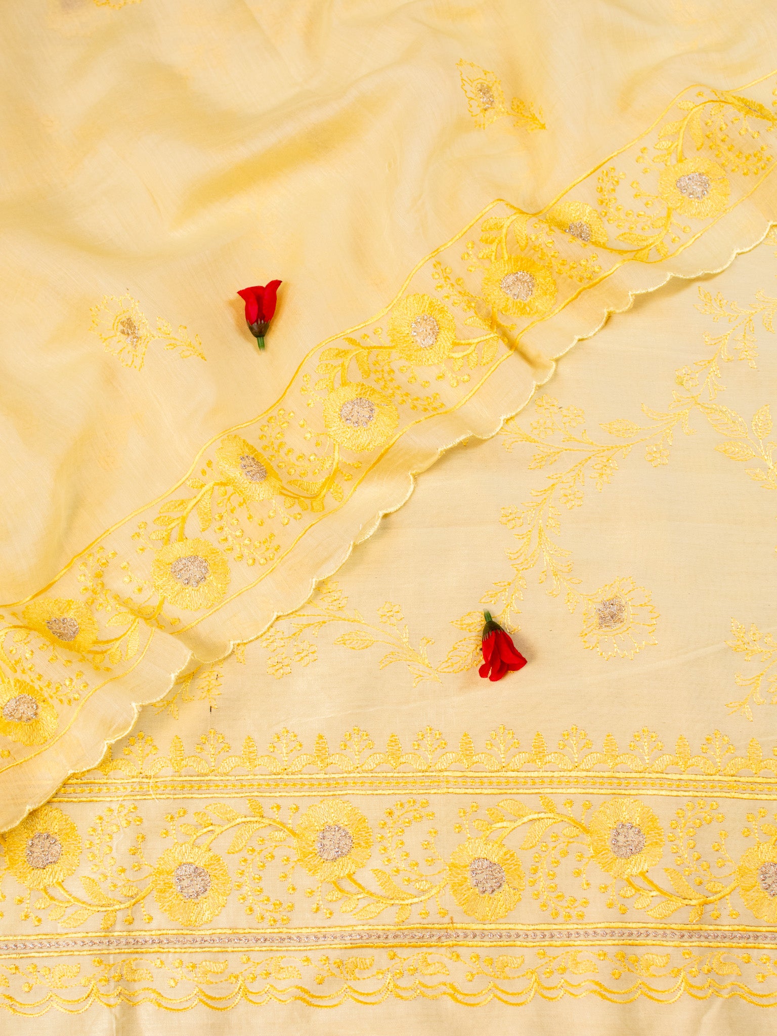 Banarasi Soft Cotton Embroidered Salwar Kameez Fabric With Dupatta- Yellow