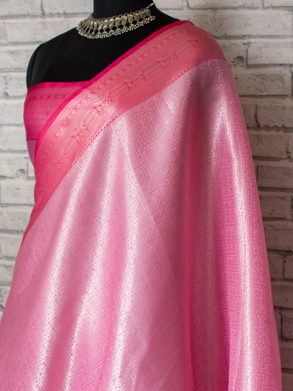 Banarasi Kora Muslin Saree With Tanchoi Weaving & Contrast Border-Pink
