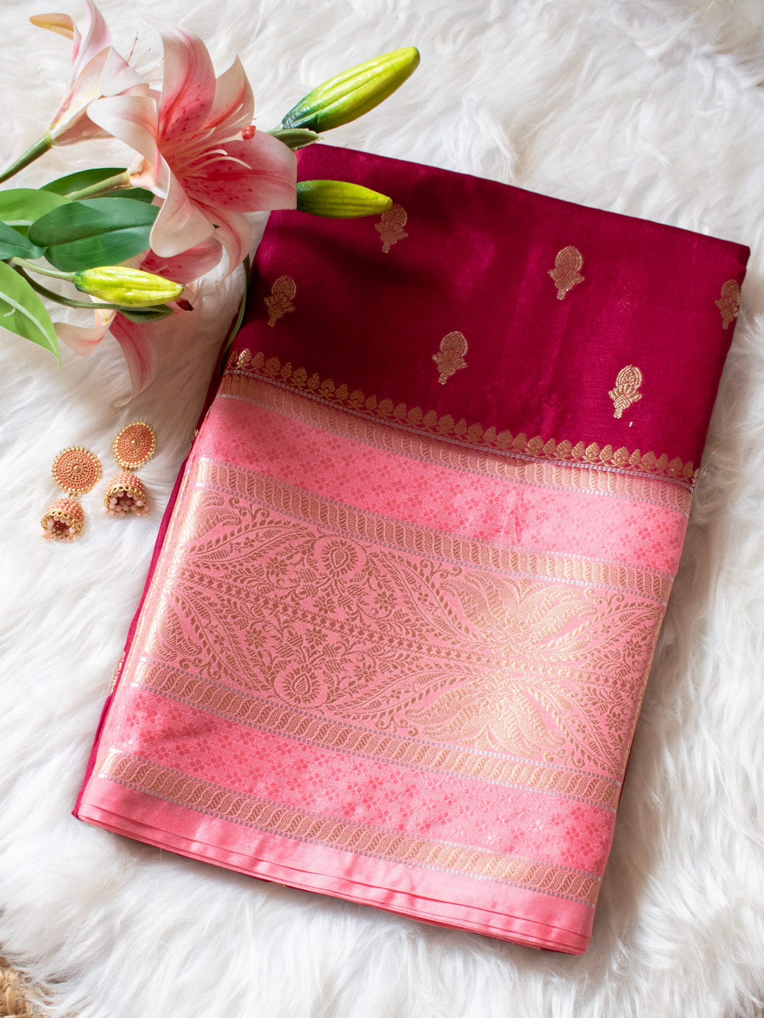 Banarasi Soft Cotton Mix Saree With Buti Weaving & Contrast Border- Wine