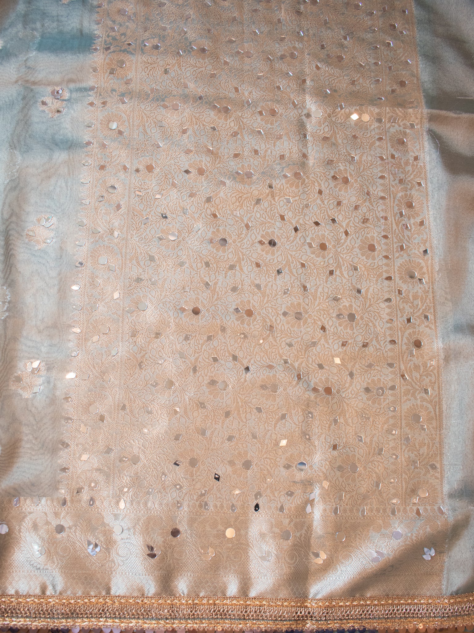 Banarasi Tissue Saree With Mirror Work & Lace Border- Pastel Blue