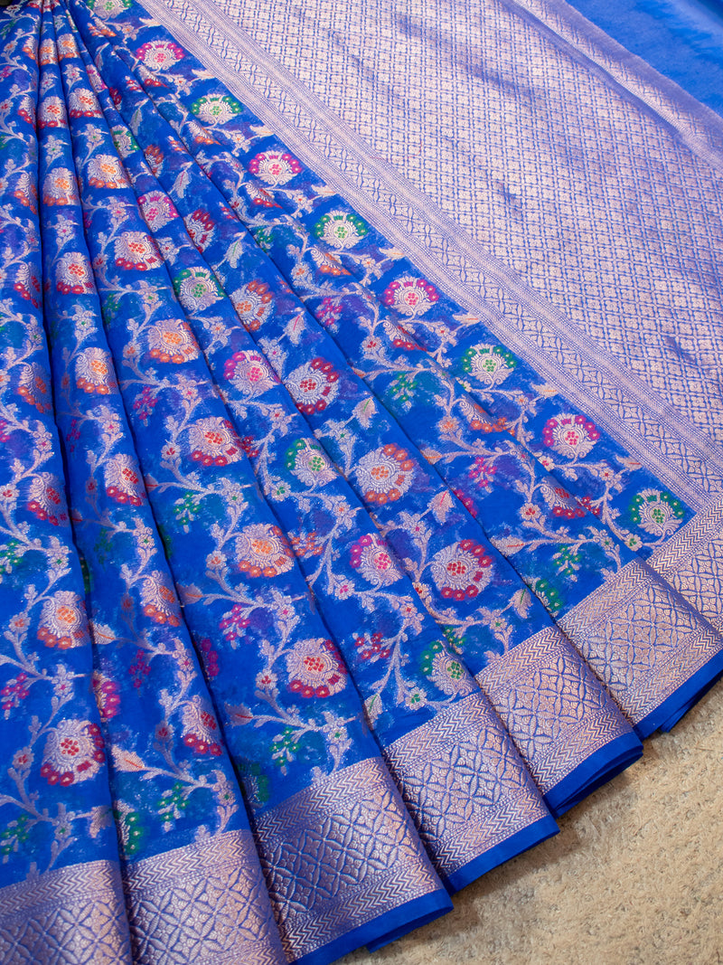 Banarasi Semi Silk Saree With Heavy Jaal Zari & Meena Weaving-Blue