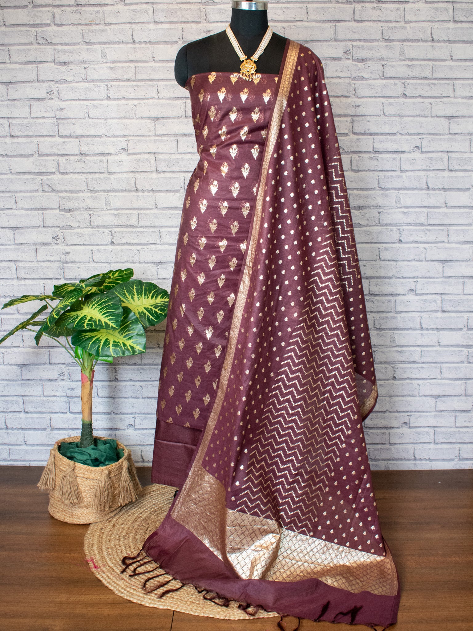 Banarasi Cotton Silk Salwar Kameez Material With Silver Zari Weaving & Dupatta-Brown