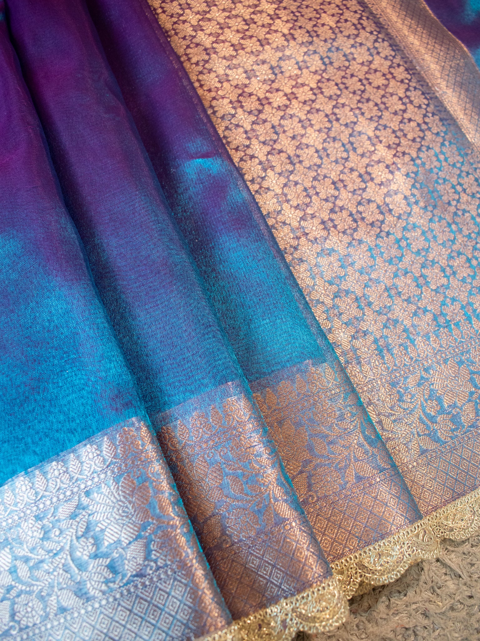 Banarasi Plain Tissue Saree With Lace Border - Shaded Blue
