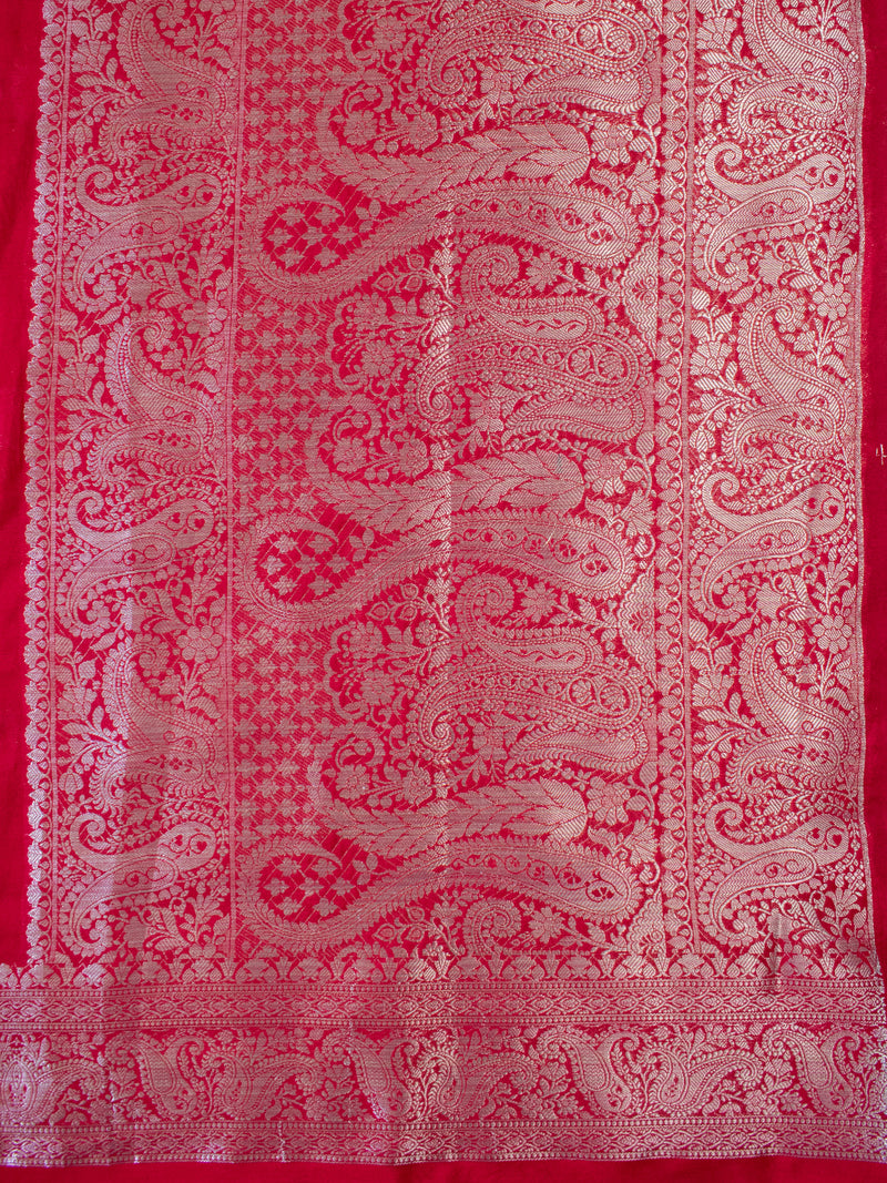 Banarasi Semi Chiffon Saree Silver Zari Buti Weaving-Red
