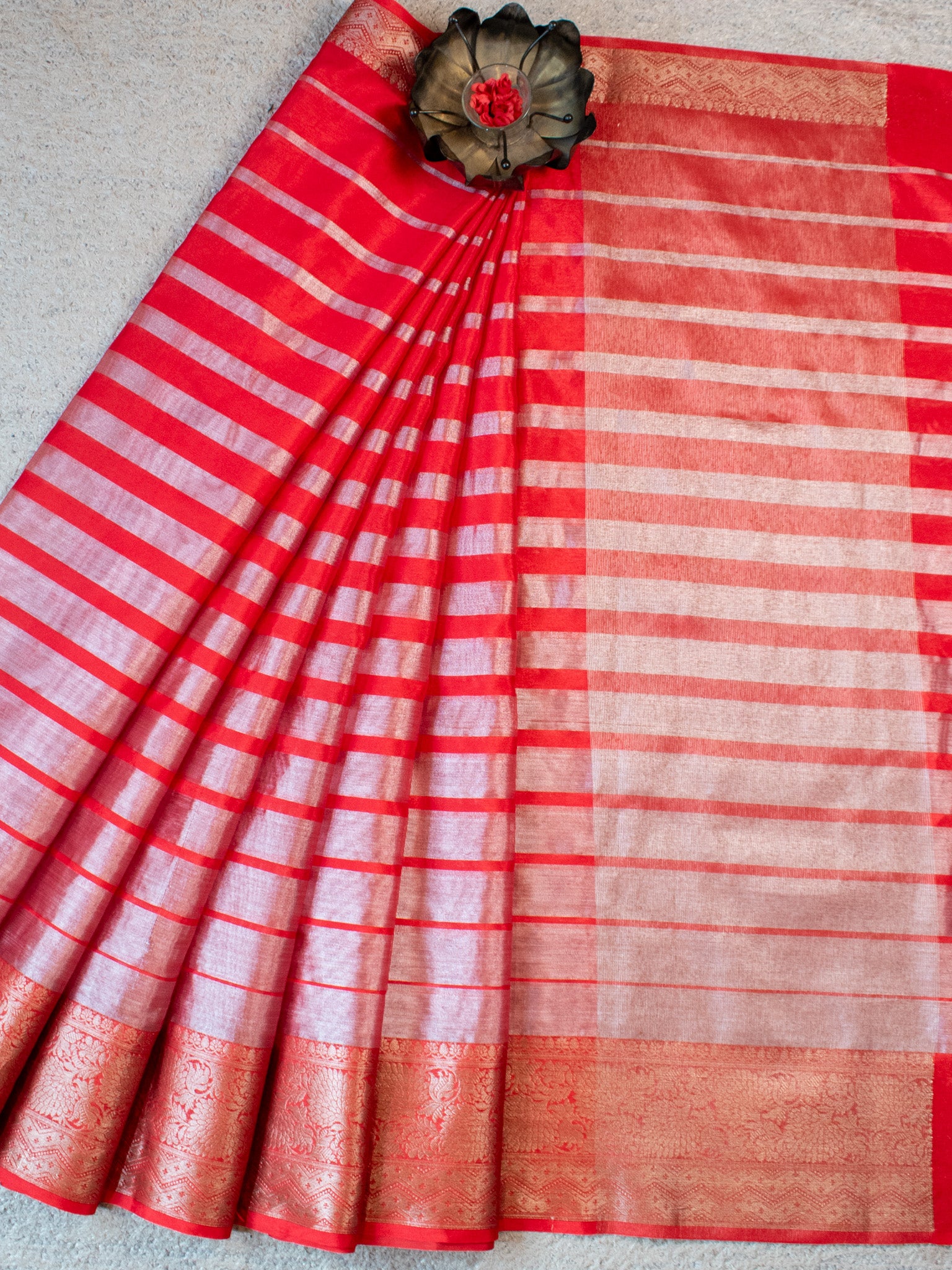 Banarasi Tissue Saree With Copper Zari Border-Red