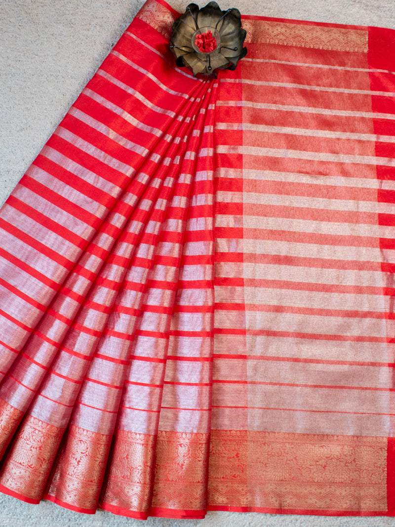 Banarasi Tissue Saree With Copper Zari Border-Red