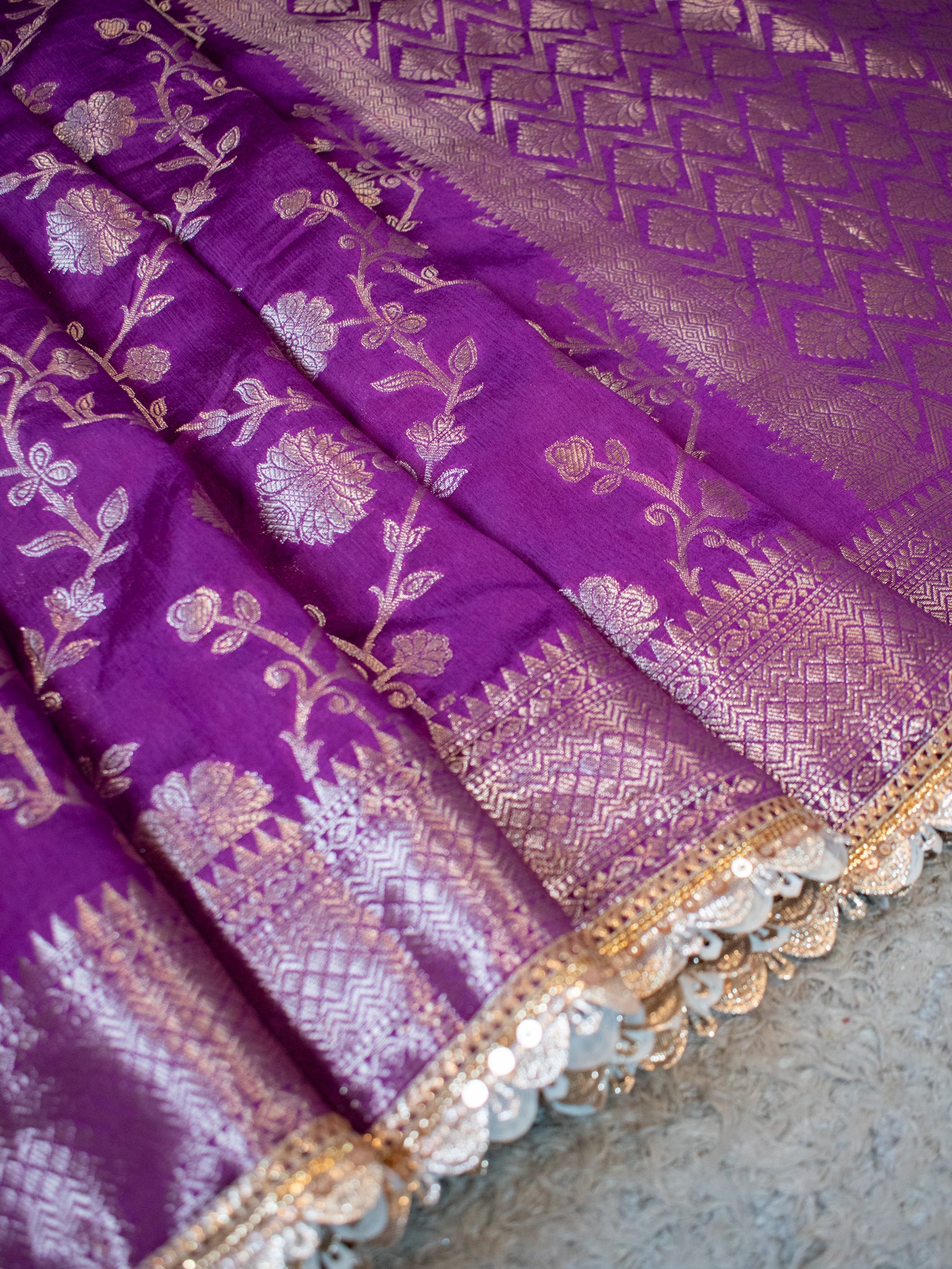 Banarasi Cotton Silk Saree With Floral Weaving & Lace Border- Violet