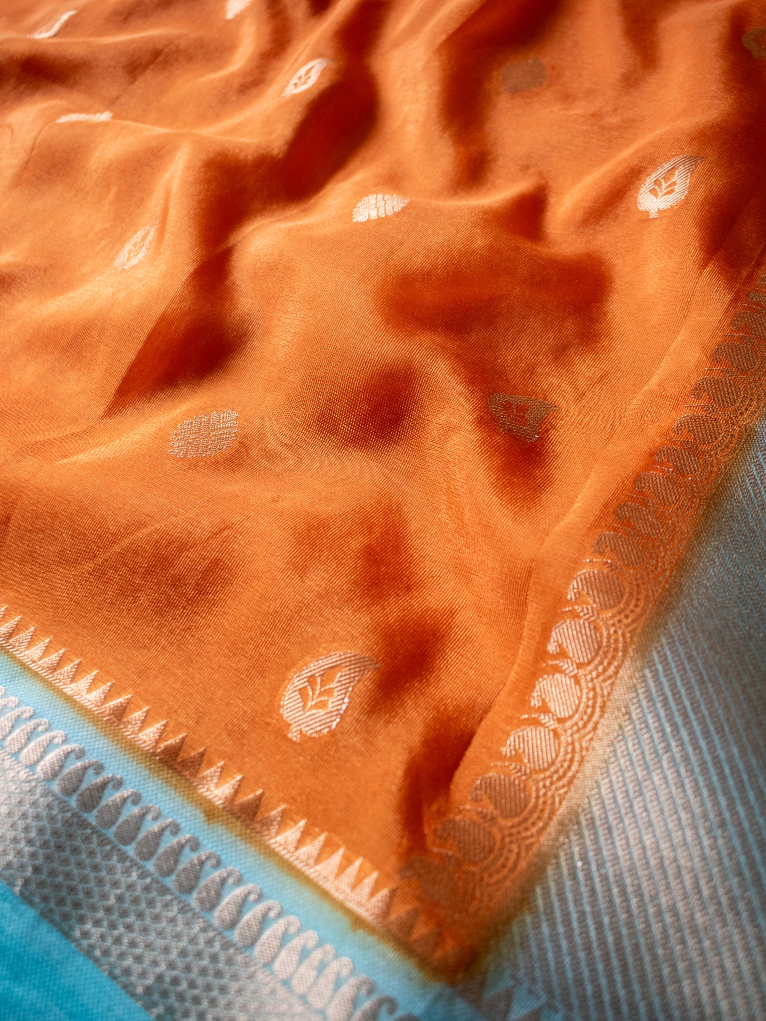 Banarasi Cotton Silk Saree with Satin Contrast Border- Orange