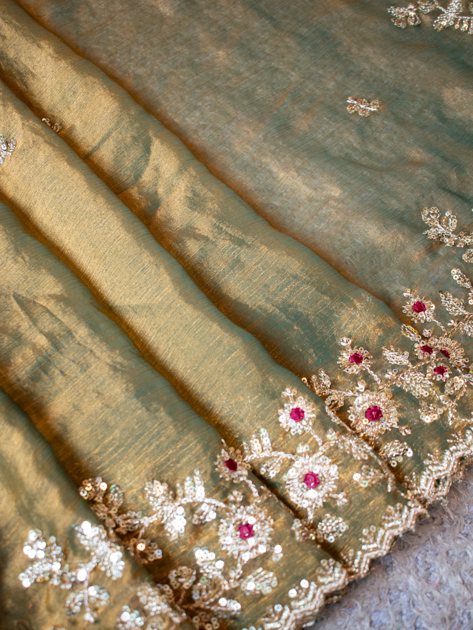 Tissue Embroidered Cocktail Saree- Olive Green