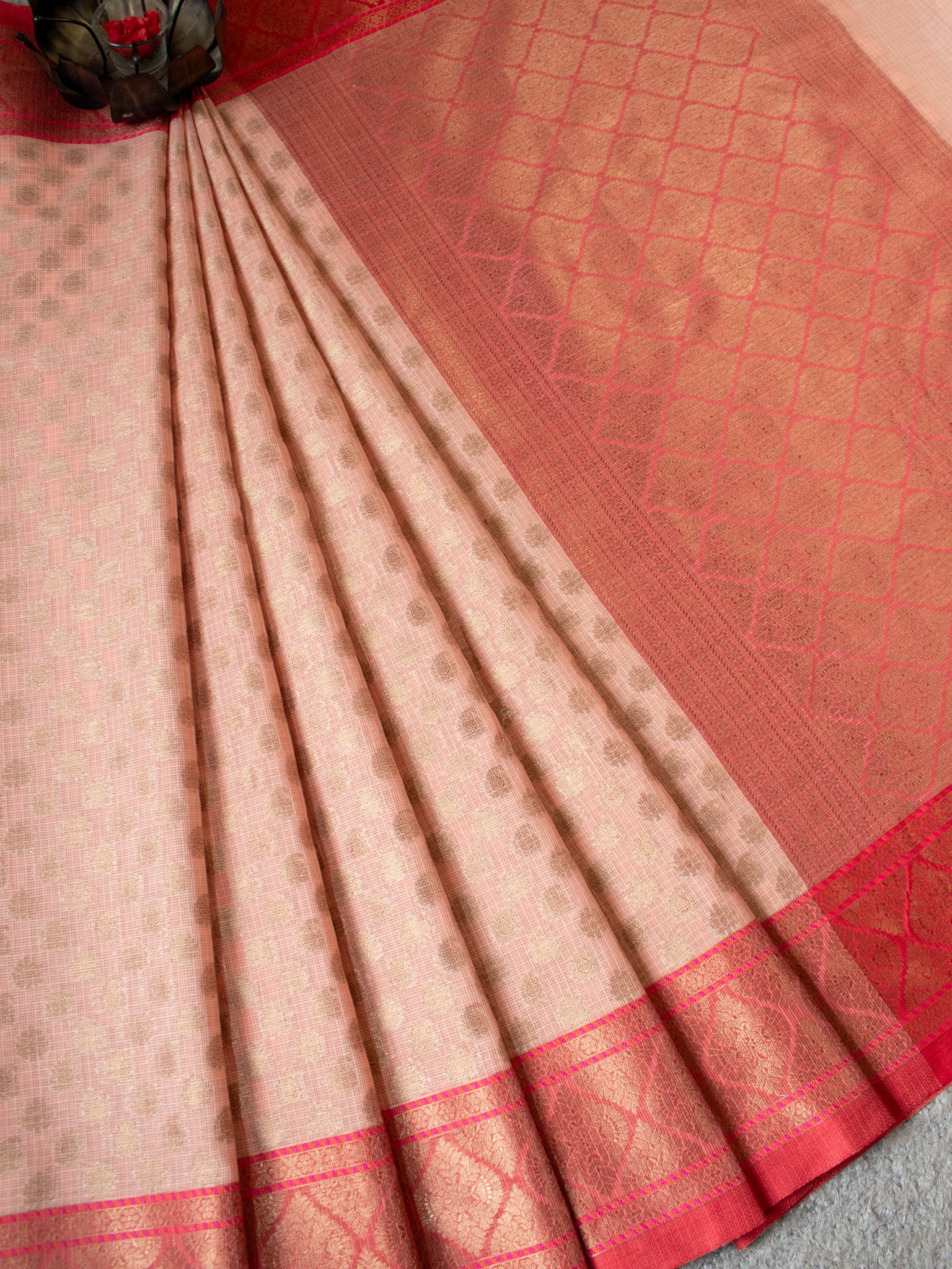 Banarasi Kota Check Saree With Buti Contrast Red Border-Beige