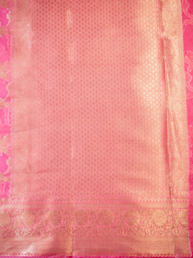 Banarasi Cotton Silk Saree With Silver Zari Jaal Weaving & Border-Pink
