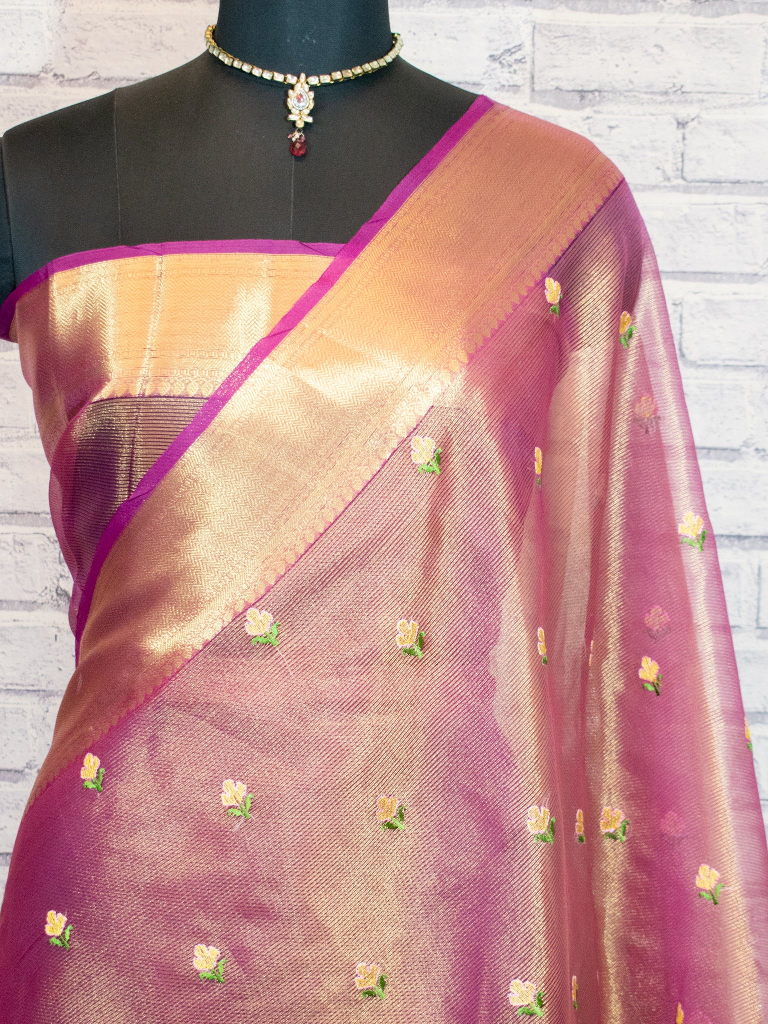 Banarasi Tissue Saree With Embroidery & Border - Pink