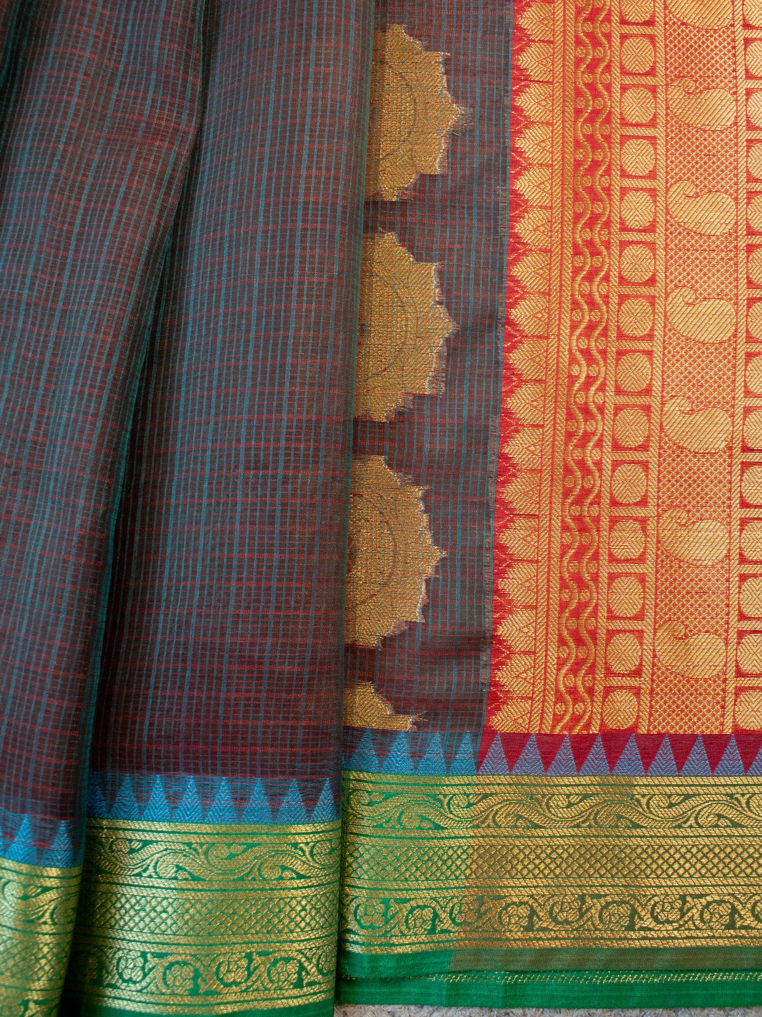 Banarasi Kota Check Saree With Contrast Border - Green