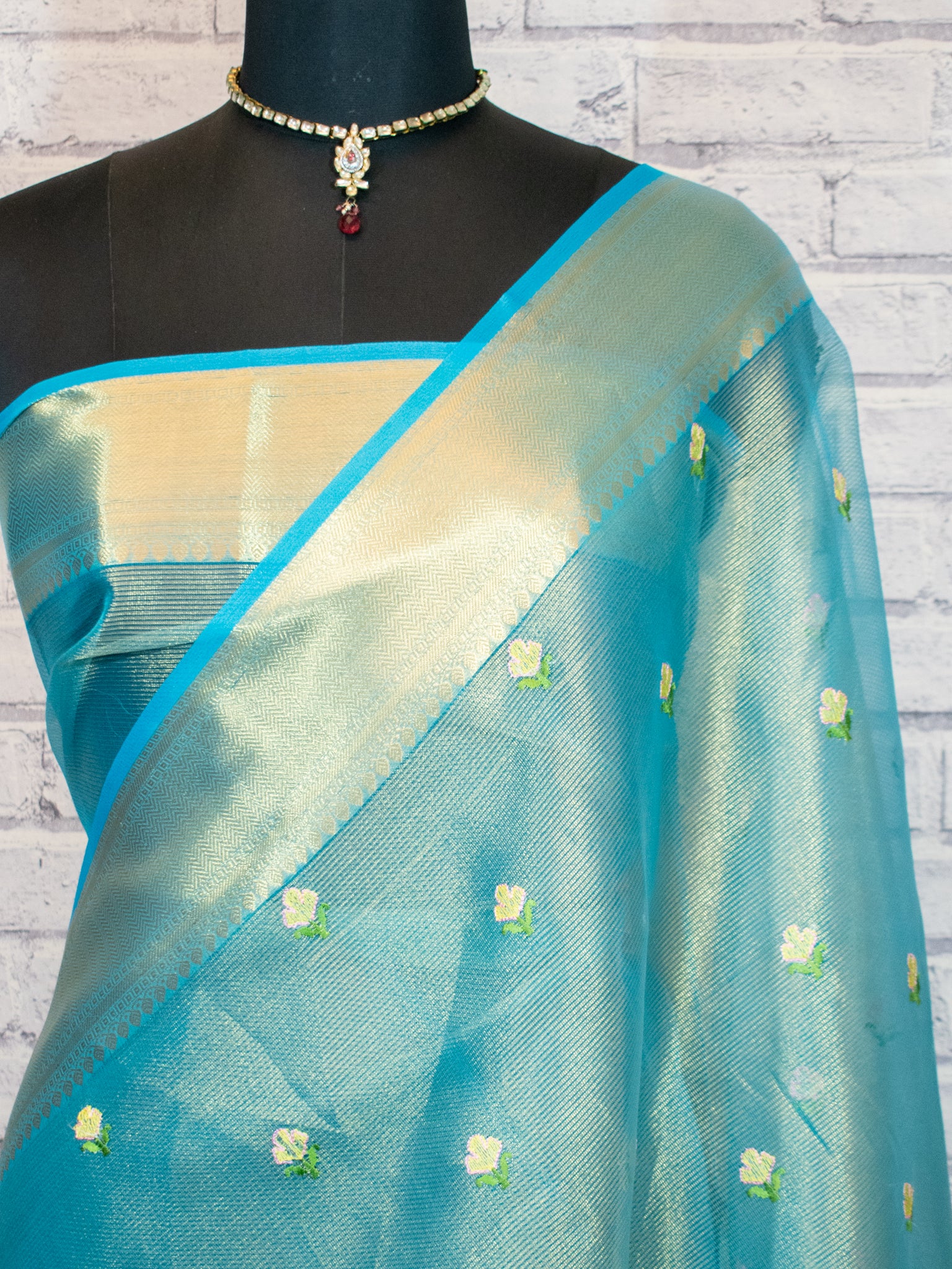 Banarasi Tissue Saree With Embroidery & Border - Blue