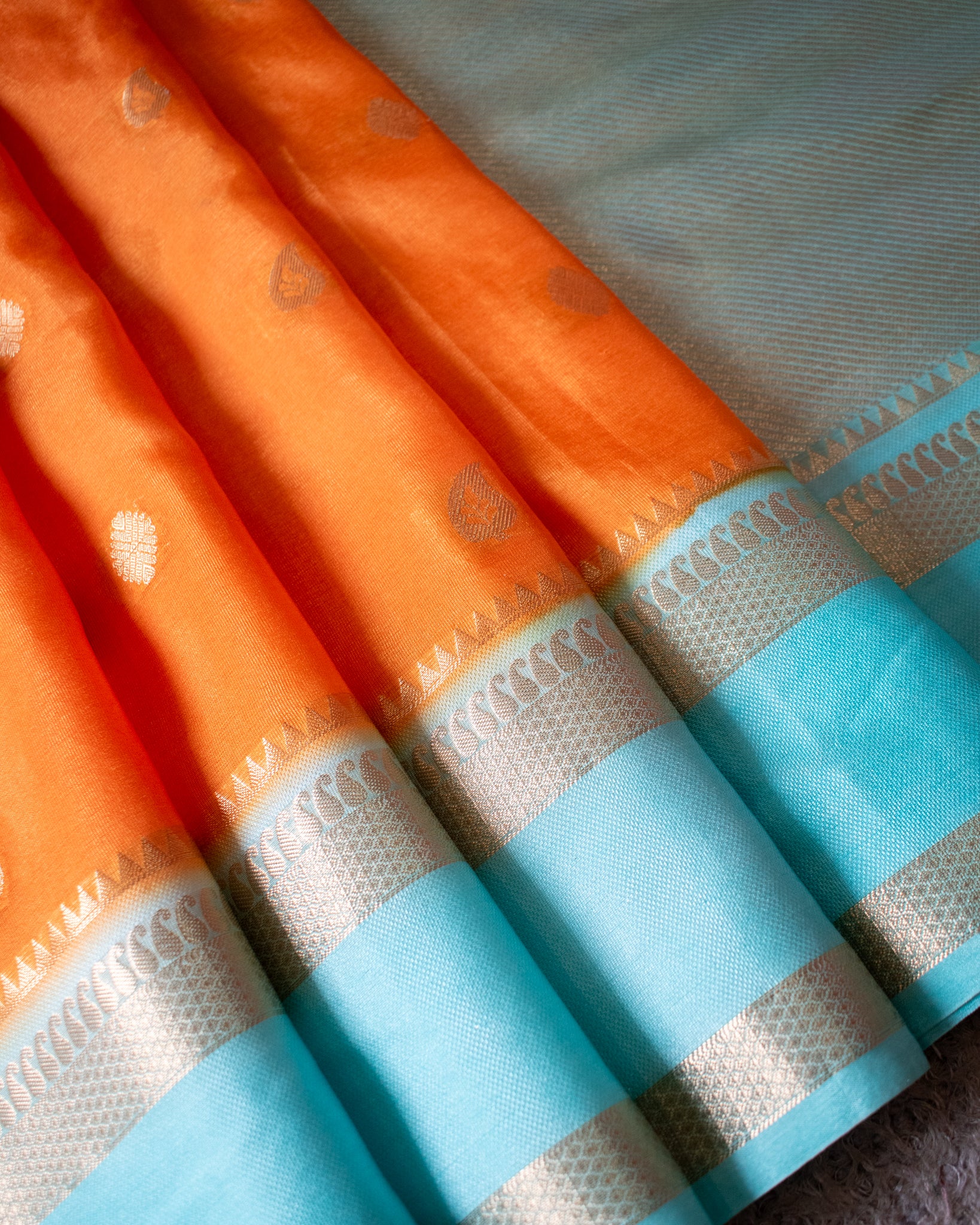 Banarasi Cotton Silk Saree with Satin Contrast Border- Orange