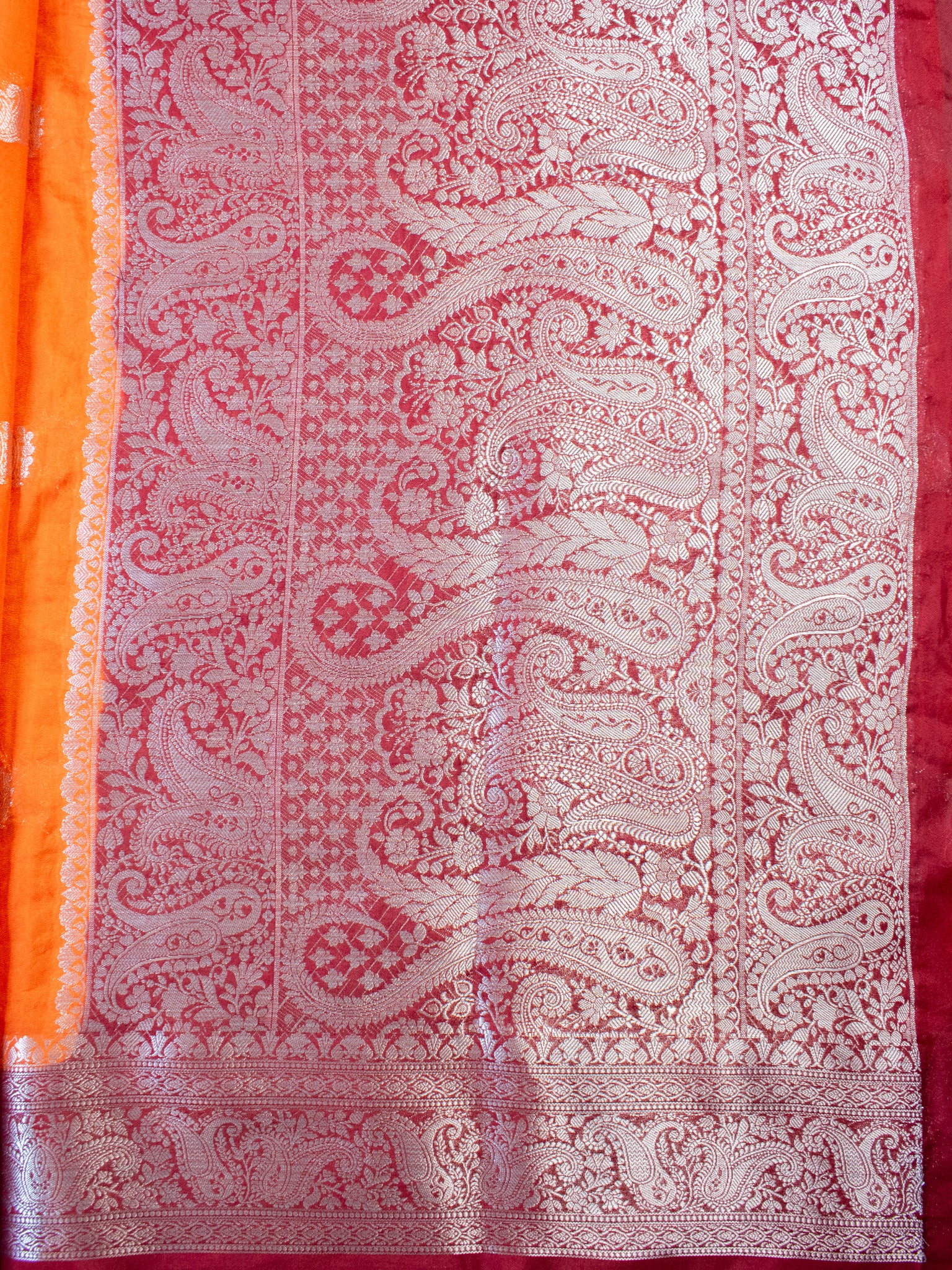 Banarasi  Semi Chiffon Saree Silver Zari Buti Weaving With Contrast Border- Orange