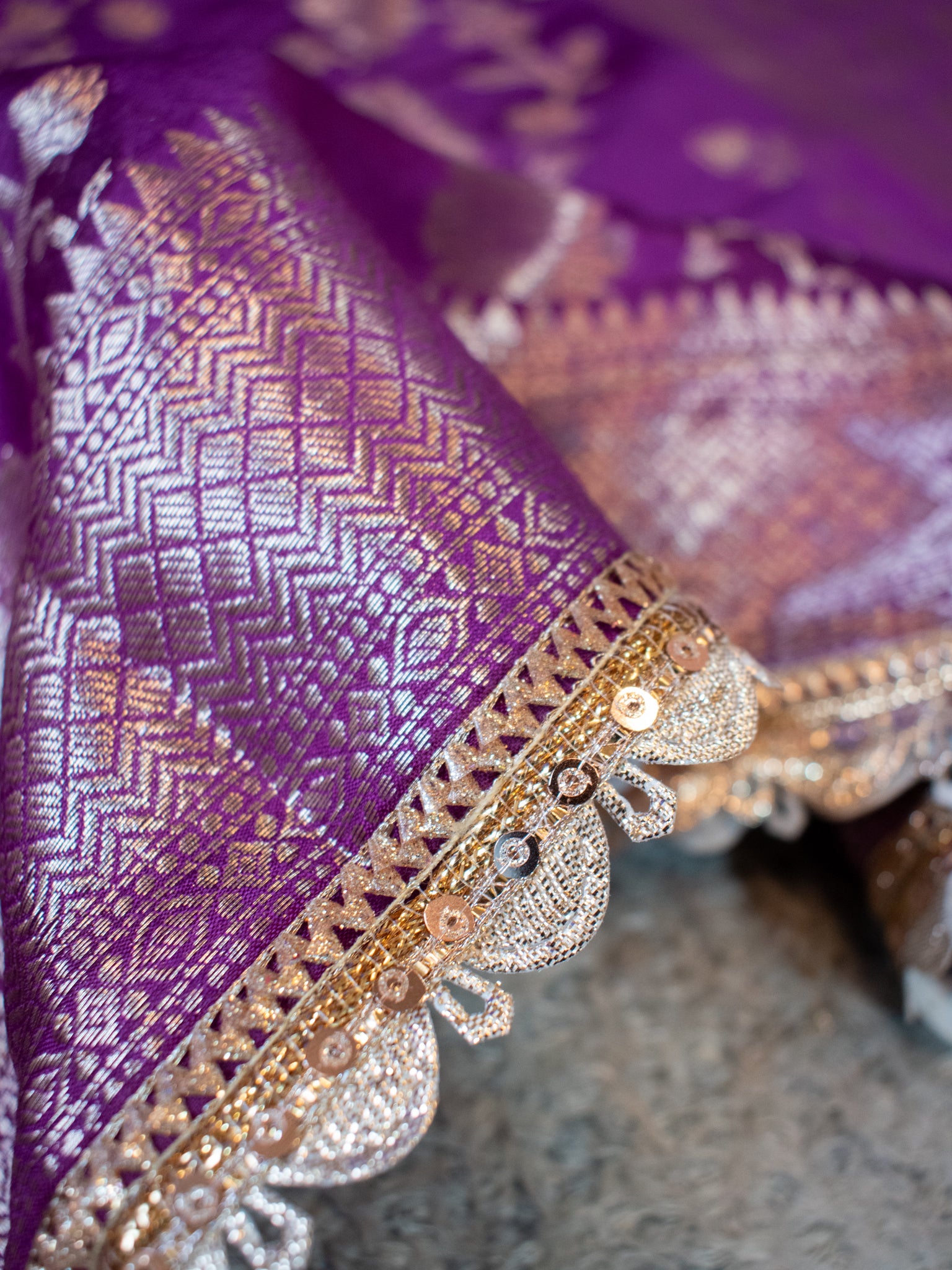 Banarasi Cotton Silk Saree With Floral Weaving & Lace Border- Violet