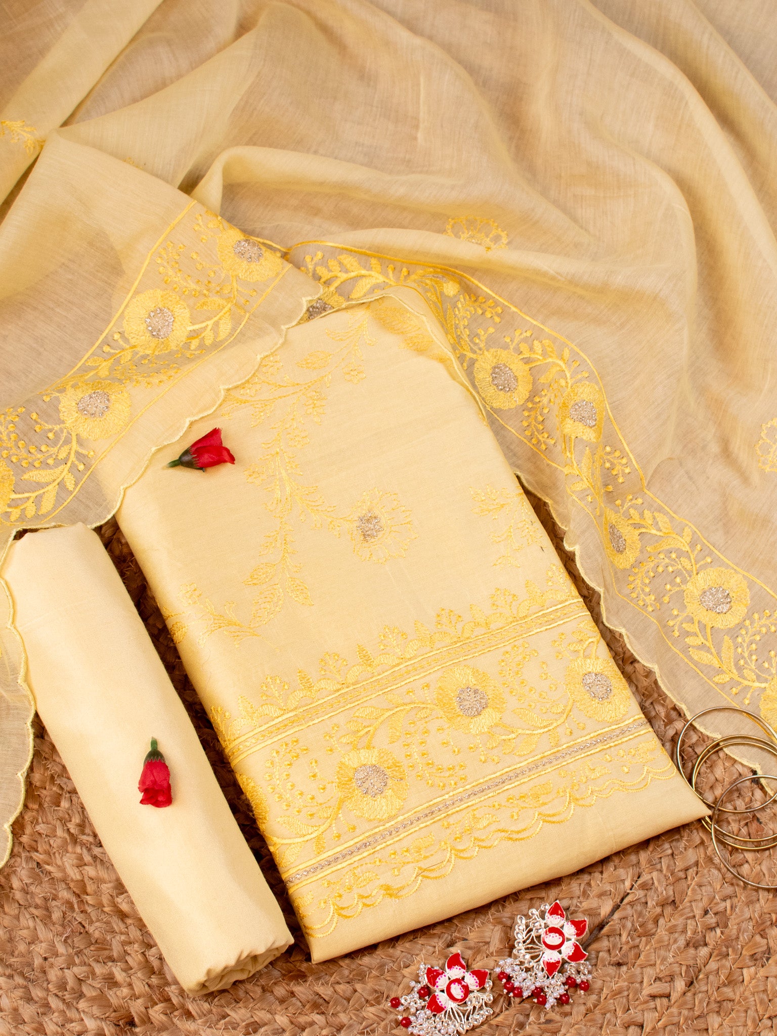 Banarasi Soft Cotton Embroidered Salwar Kameez Fabric With Dupatta- Yellow