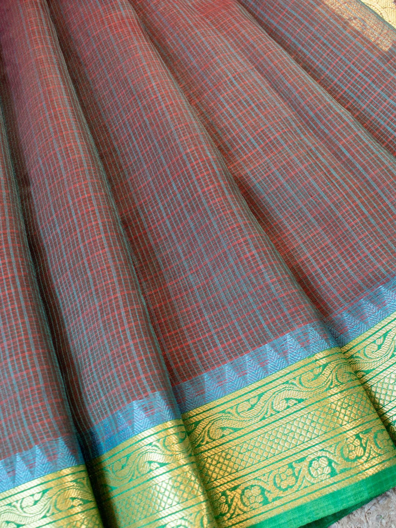 Banarasi Kota Check Saree With Contrast Border - Green