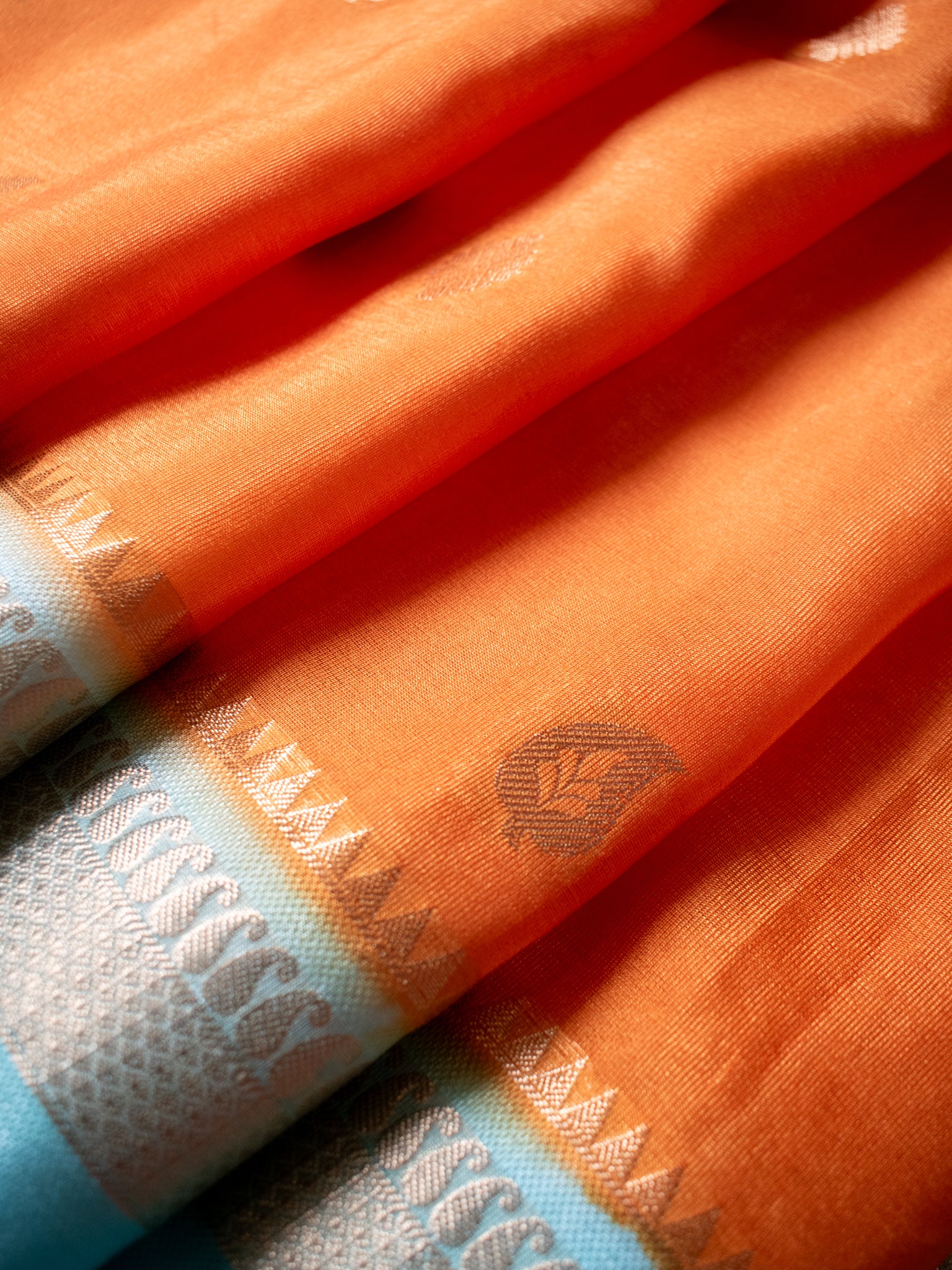 Banarasi Cotton Silk Saree with Satin Contrast Border- Orange