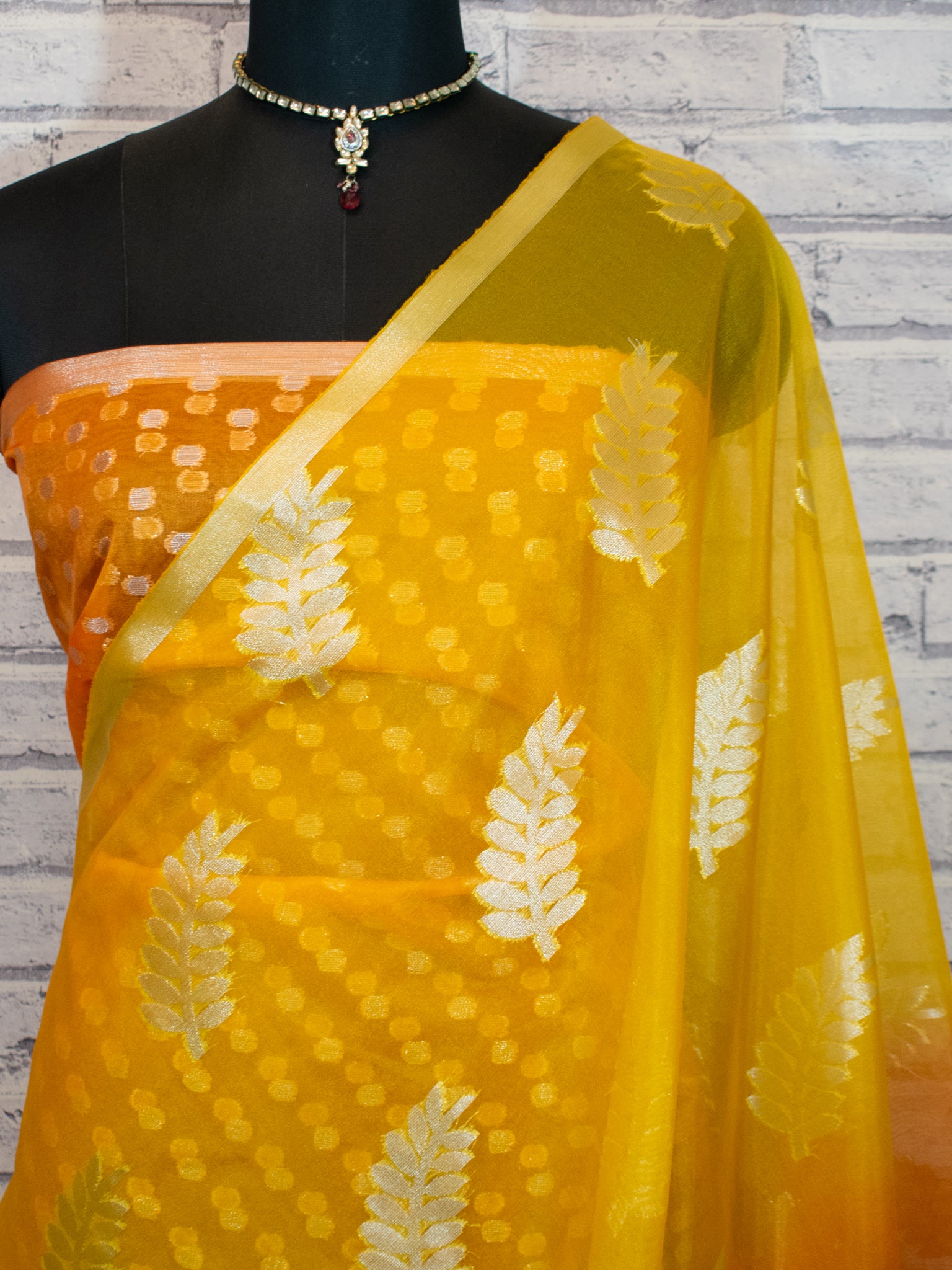 Banarasi Organza Dual Shade Saree With Zari Border- Yellow & Orange