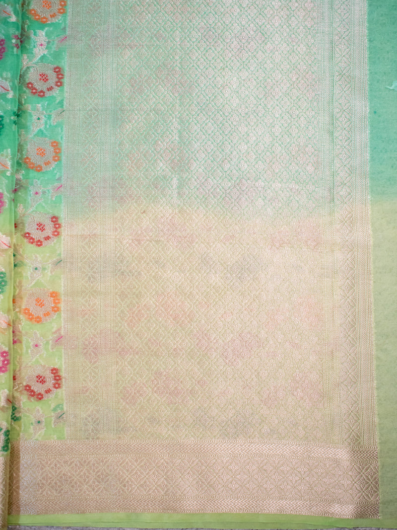 Banarasi Multi Shaded Semi Silk Saree With Heavy Jaal Zari & Meena Weaving-Green