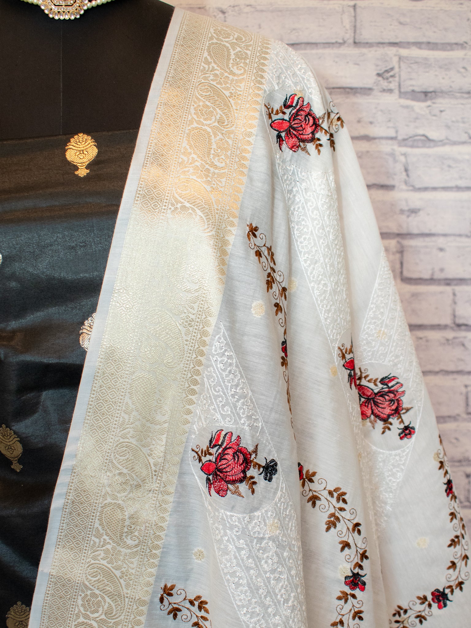 Banarasi Cotton Silk Salwar Kameez with Contrast Dupatta- Black