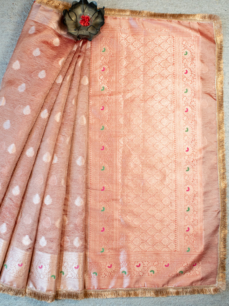 Banarasi Crushed Tissue Saree With Lace Border-Red