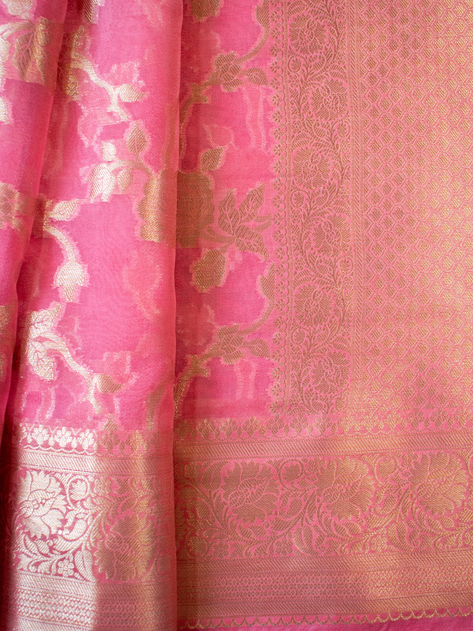 Banarasi Cotton Silk Saree With Silver Zari Jaal Weaving & Border-Pink