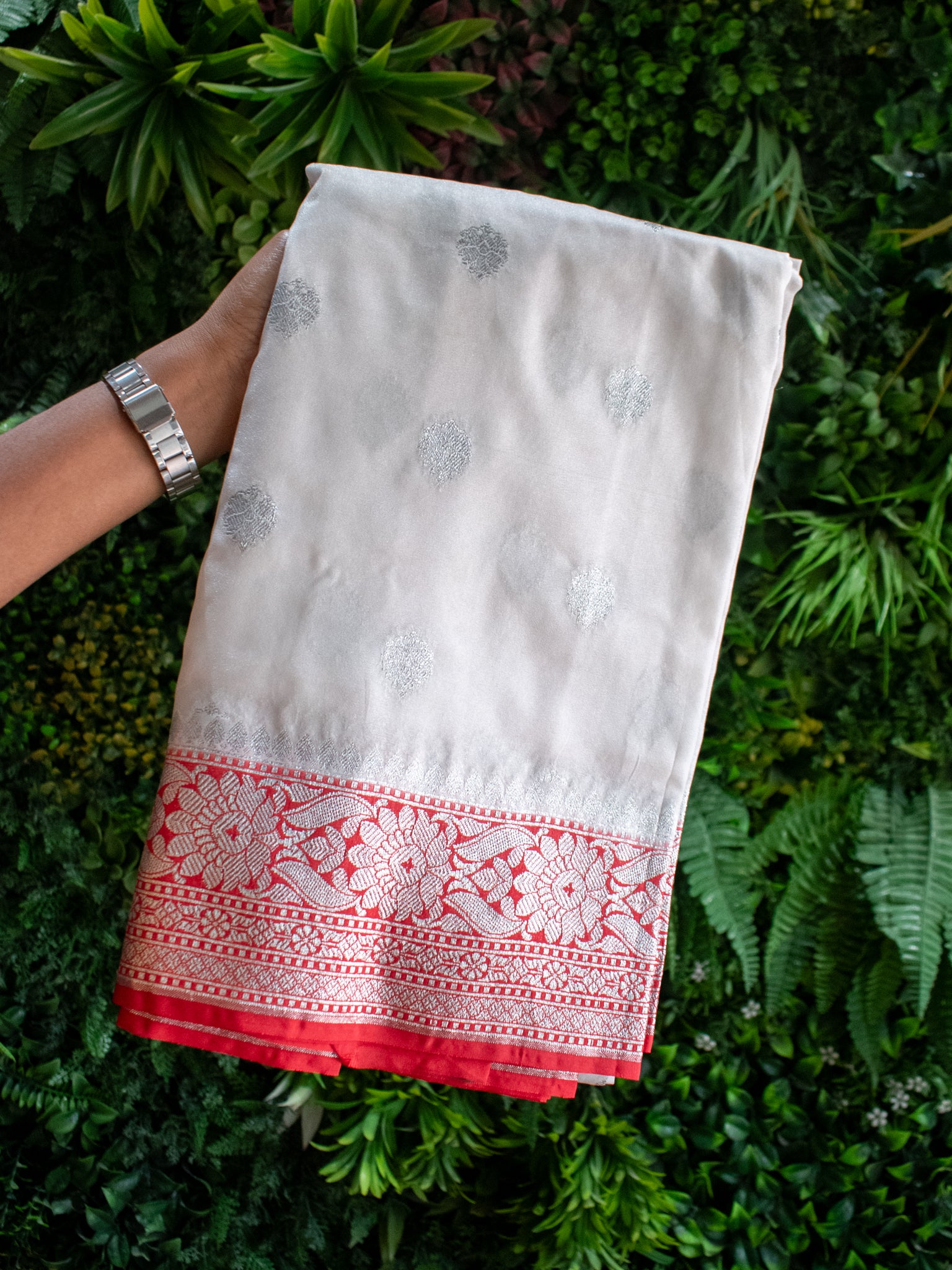 Banarasi Semi Silk Saree Silver  Zari Buti Weaving-White & Red