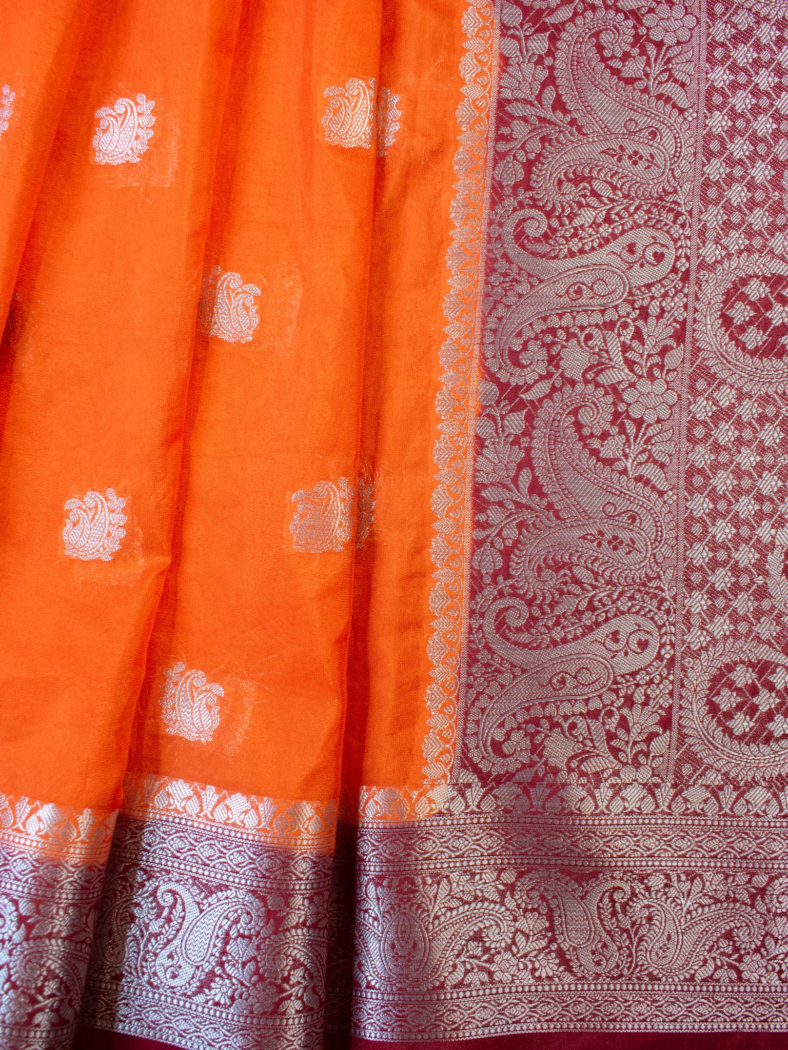 Banarasi  Semi Chiffon Saree Silver Zari Buti Weaving With Contrast Border- Orange