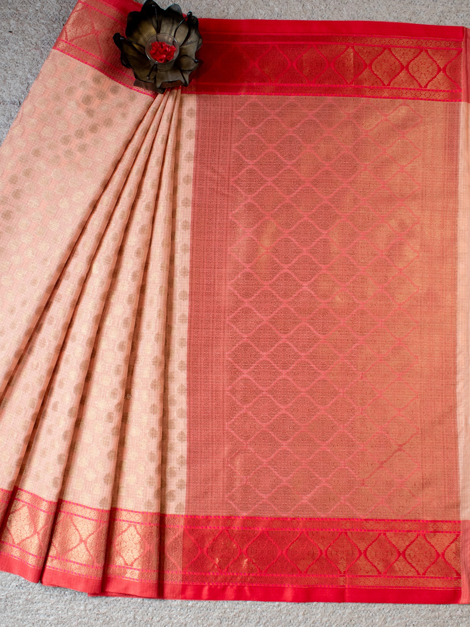 Banarasi Kota Check Saree With Buti Contrast Red Border-Beige