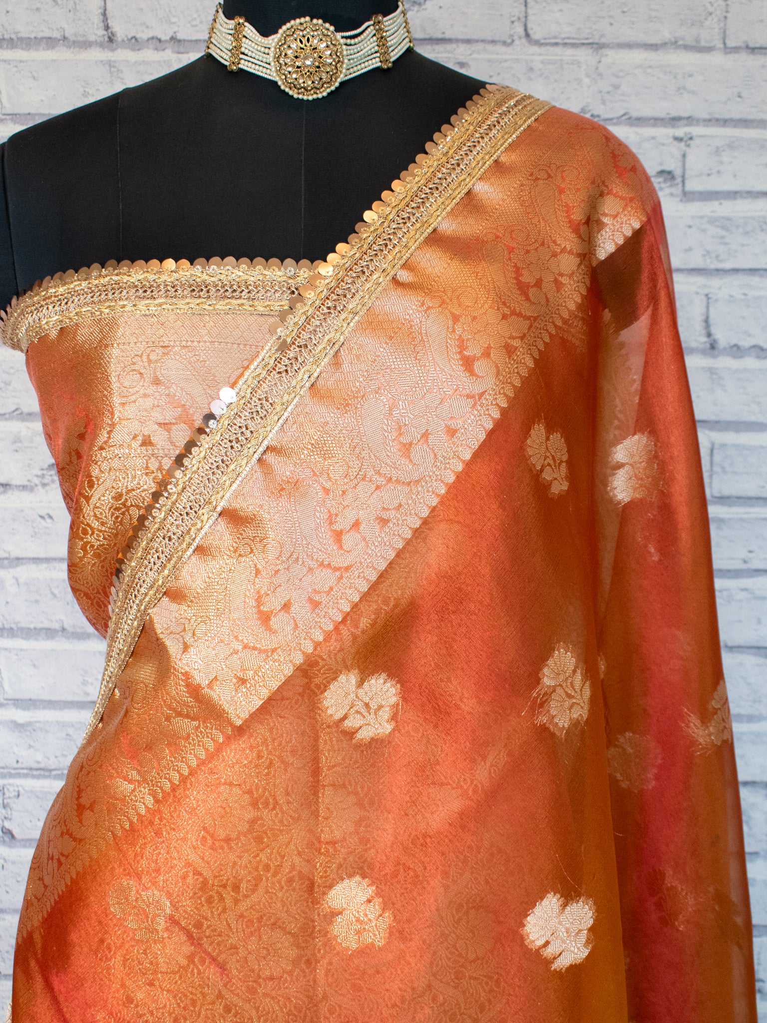 Banarasi Tissue Saree With Buti Weaving & Lace Border - Red