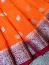 Banarasi  Semi Chiffon Saree Silver Zari Buti Weaving With Contrast Border- Orange