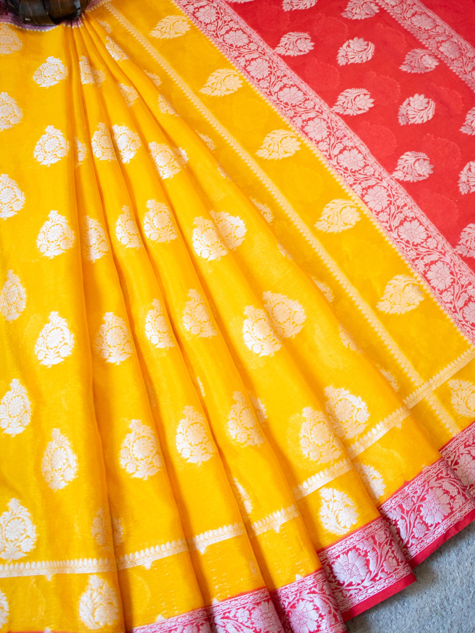 Banarasi Dupion Warm Silk Saree With Silver Buta & Contrast Border- Yellow