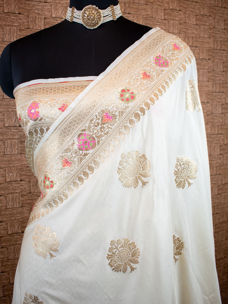 Banarasi Art Katan Silk Saree With Meena Buta Weaving-White