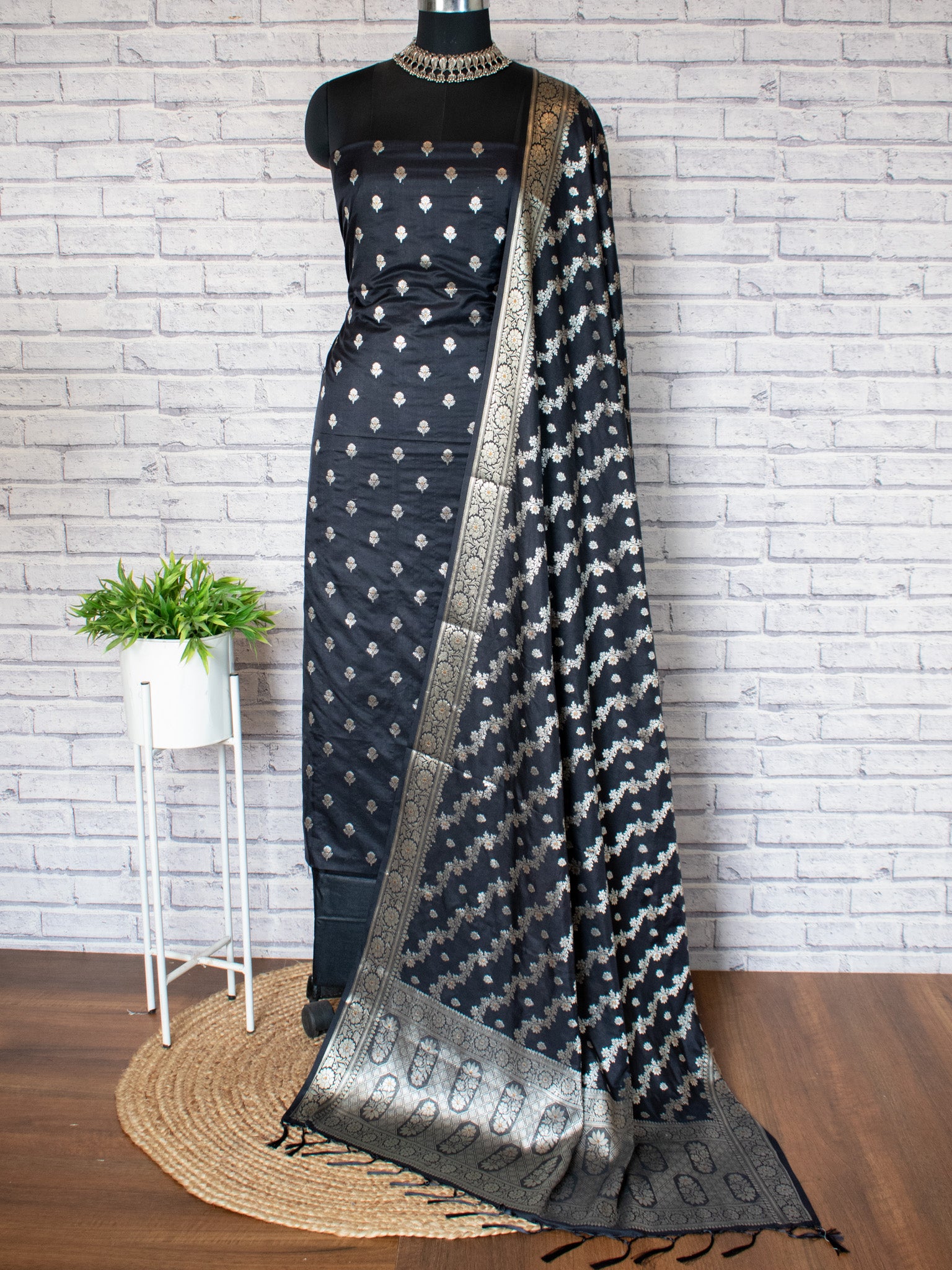 Banarasi Silk Salwar Kameez Fabric With Silver Zari Weaving With Dupatta-Black