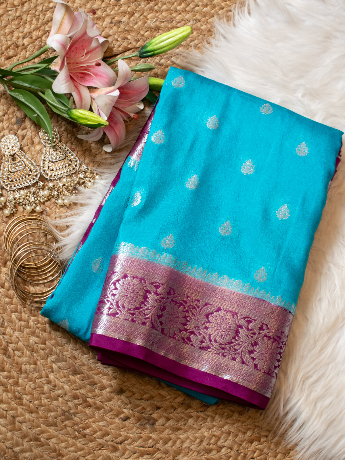 Banarasi Semi Chiffon Saree with Zari Weaving & Border- Blue