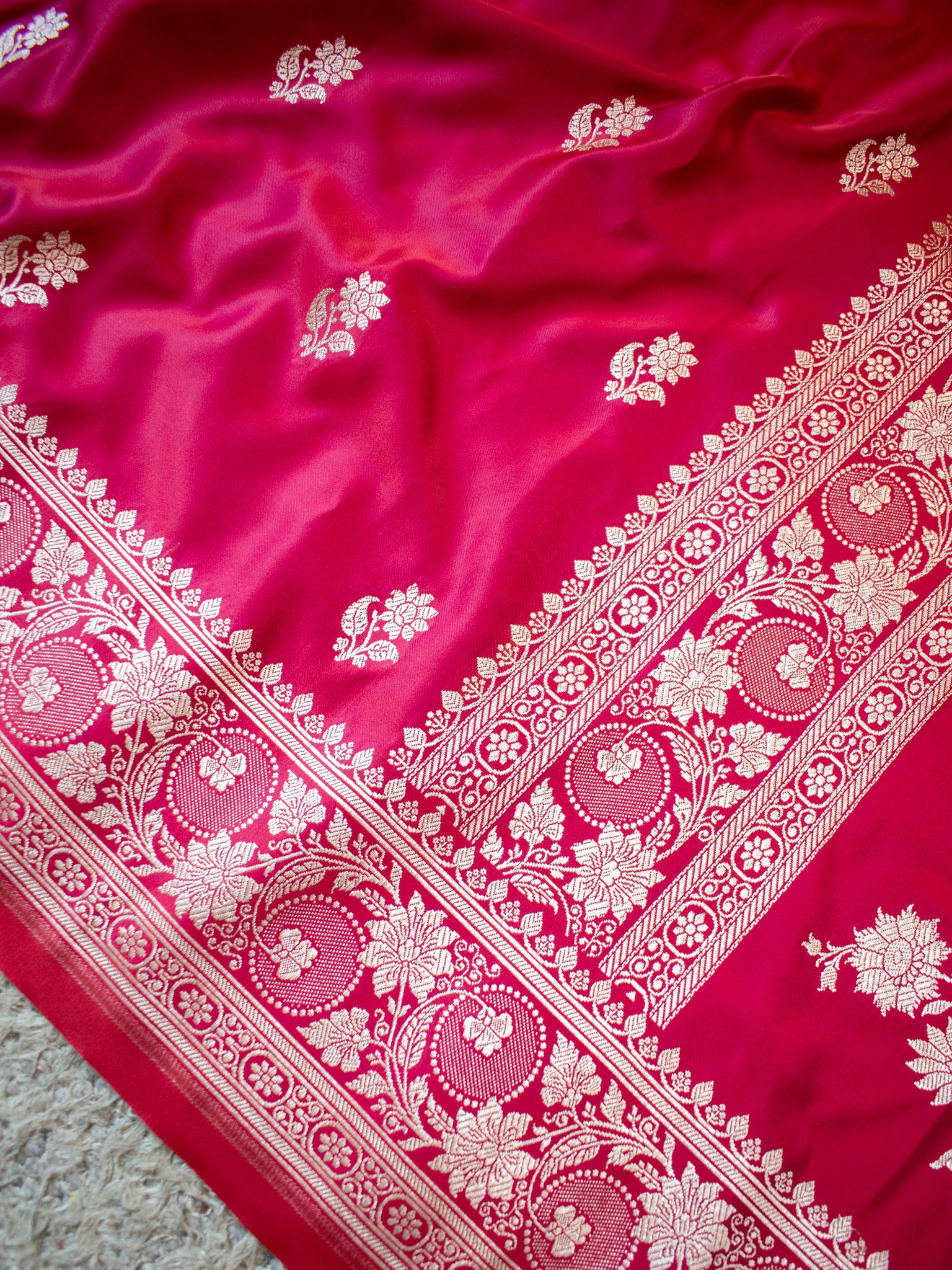 Banarasi Mashru Silk Saree With Buti & Border- Magenta
