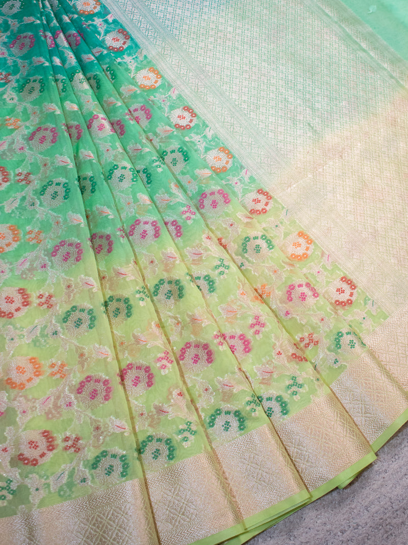 Banarasi Multi Shaded Semi Silk Saree With Heavy Jaal Zari & Meena Weaving-Green