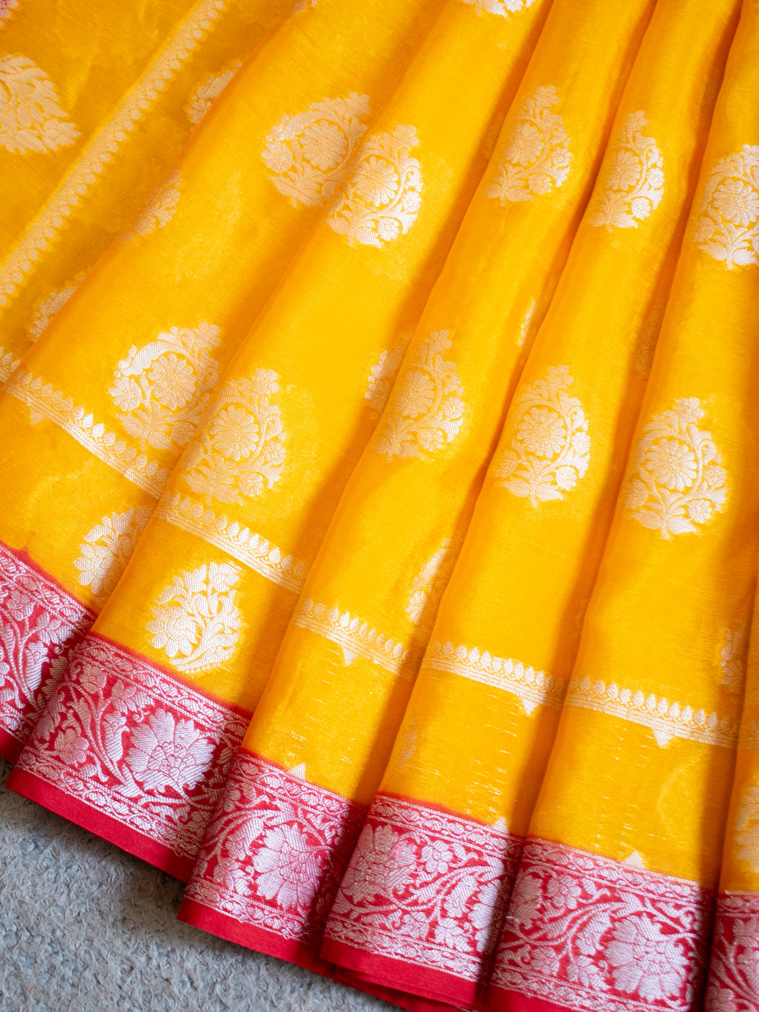 Banarasi Dupion Warm Silk Saree With Silver Buta & Contrast Border- Yellow