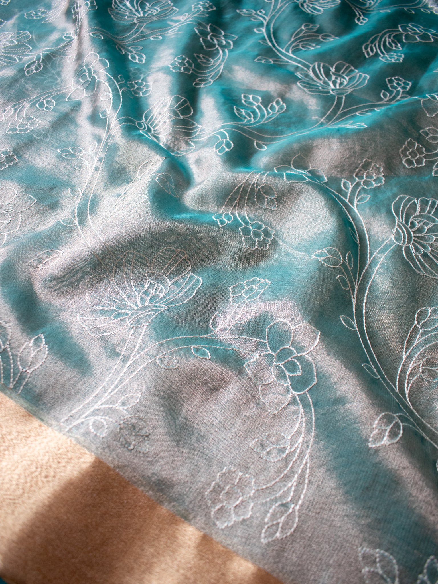 Banarasi Tissue Embroidered Saree With Weaving & Border- Aqua Blue