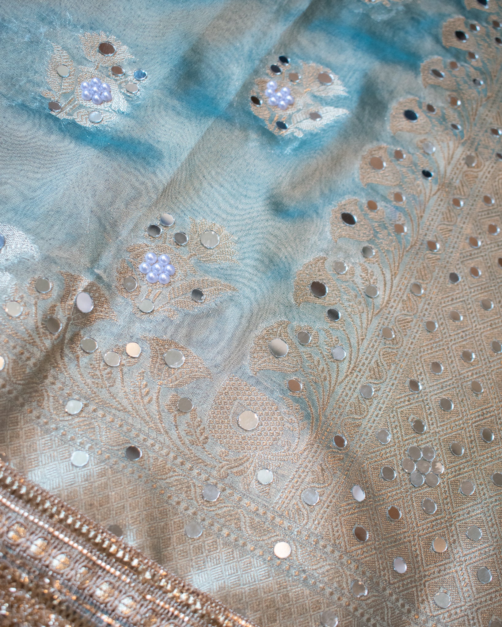 Banarasi Mirror Work Tissue Saree with Lace Border - Blue