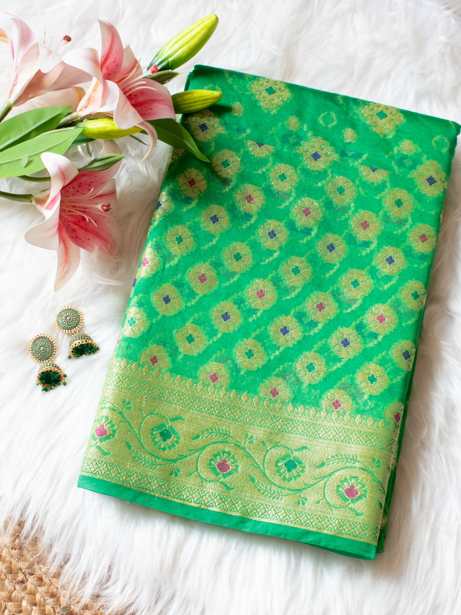 Banarasi Pure Cotton Saree With Zari & Resham Buti Weaving & Border- Green