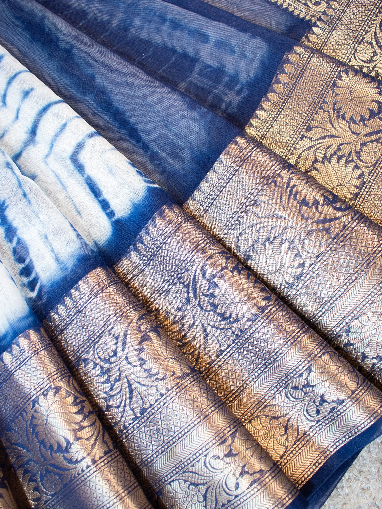 Banarasi Shibori Dyed Cotton Silk Saree With Zari Border-Blue