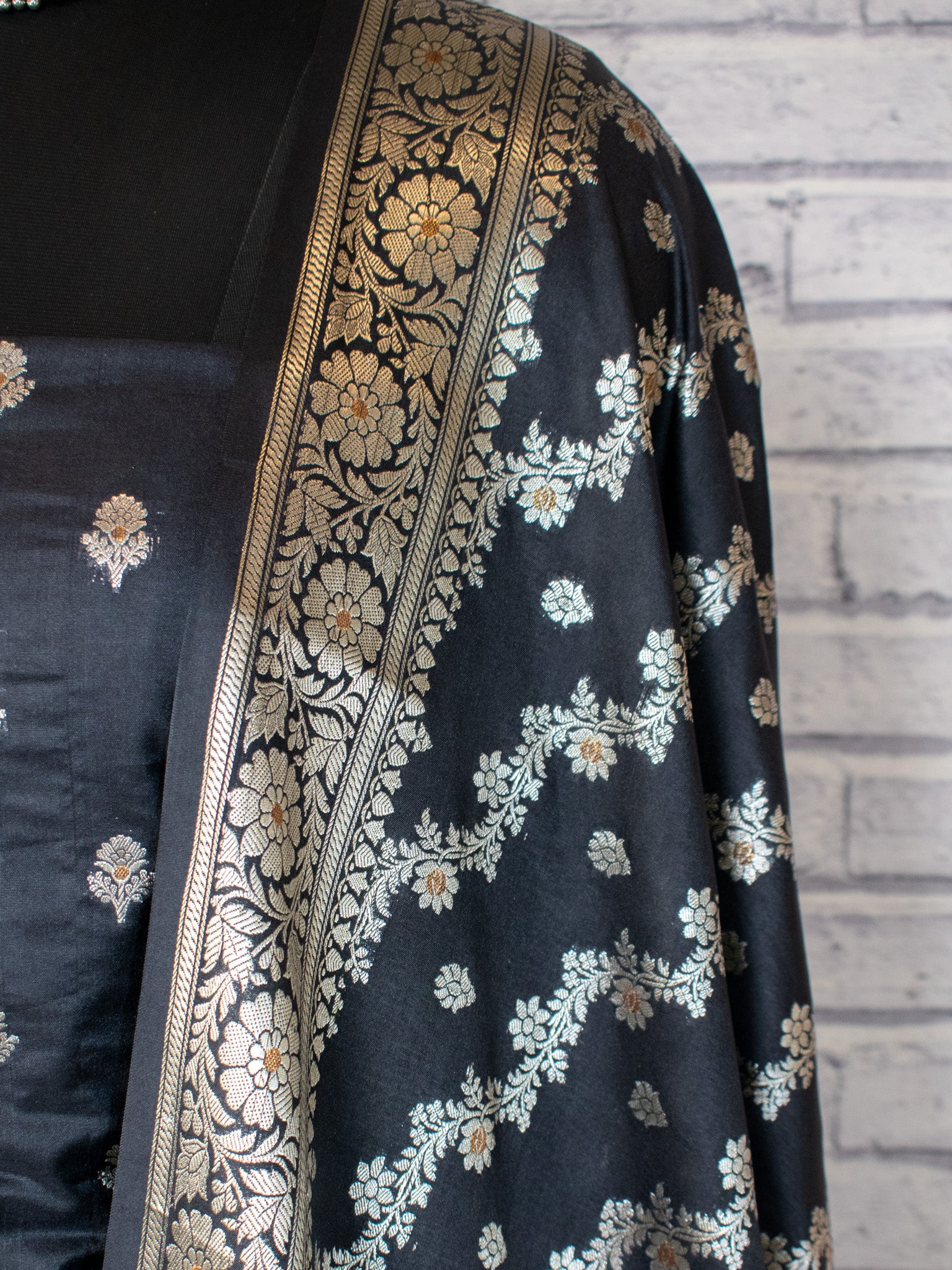 Banarasi Silk Salwar Kameez Fabric With Silver Zari Weaving With Dupatta-Black