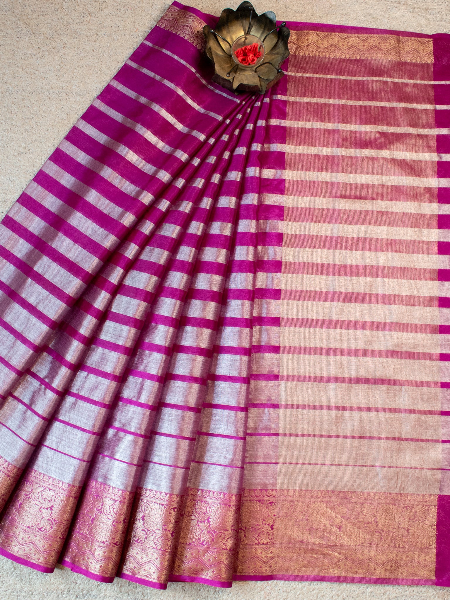 Banarasi Tissue Saree With Copper Zari Border-Purple