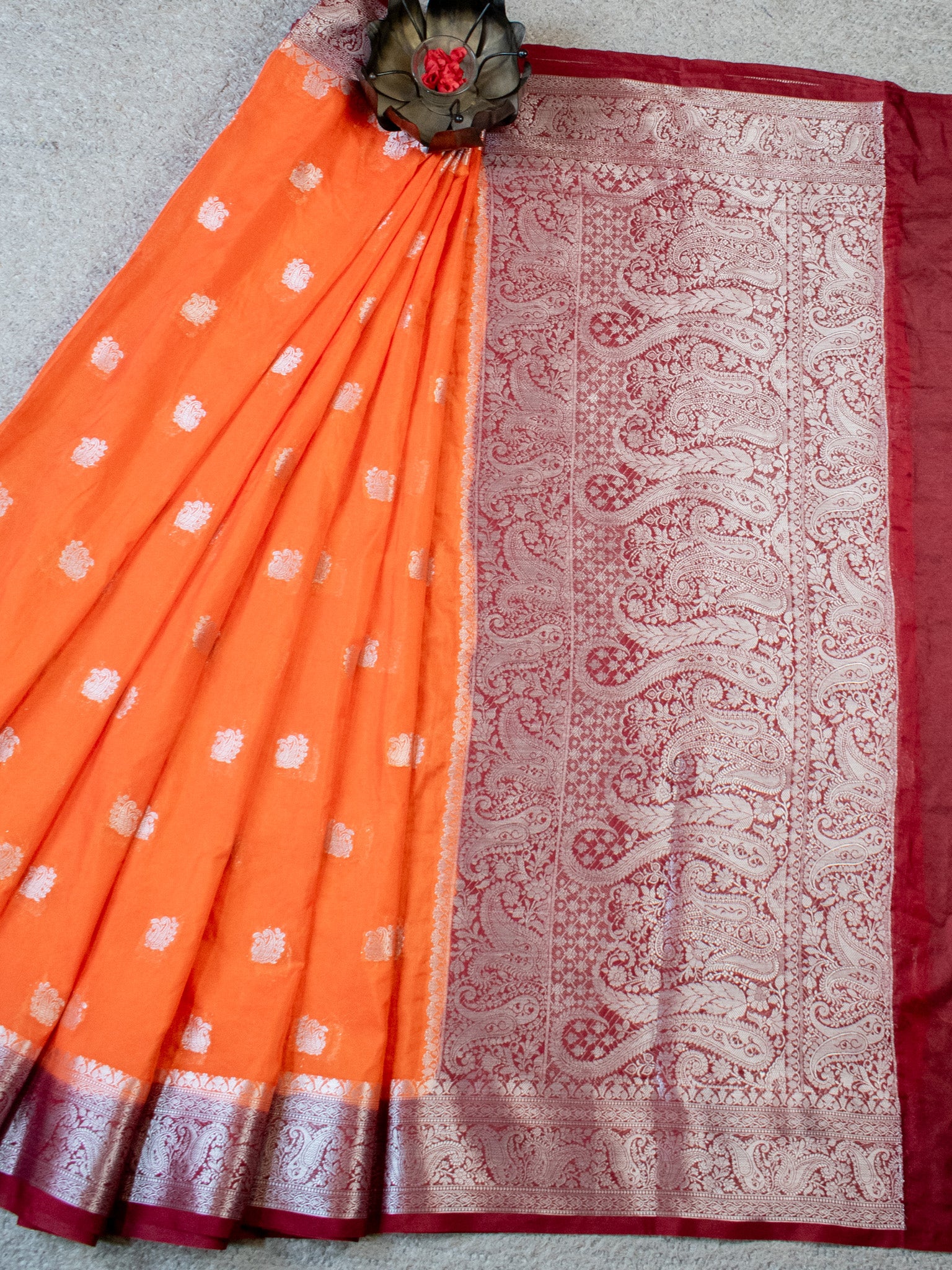 Banarasi  Semi Chiffon Saree Silver Zari Buti Weaving With Contrast Border- Orange