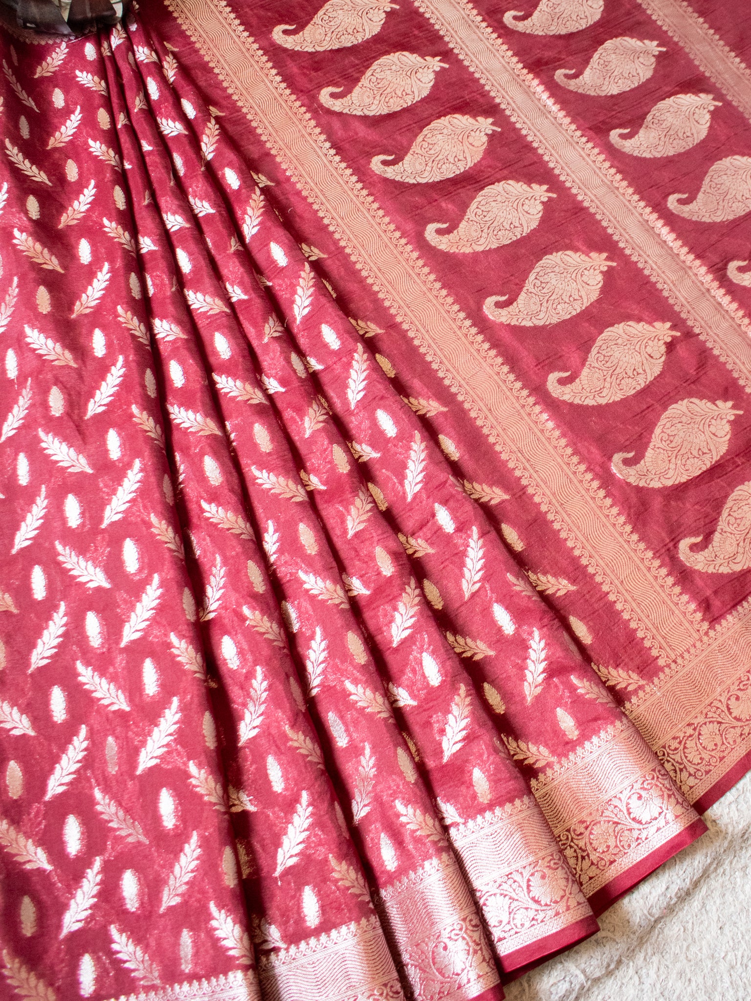 Banarasi Semi Silk Saree With Silver Zari Weaving & Border- Maroon